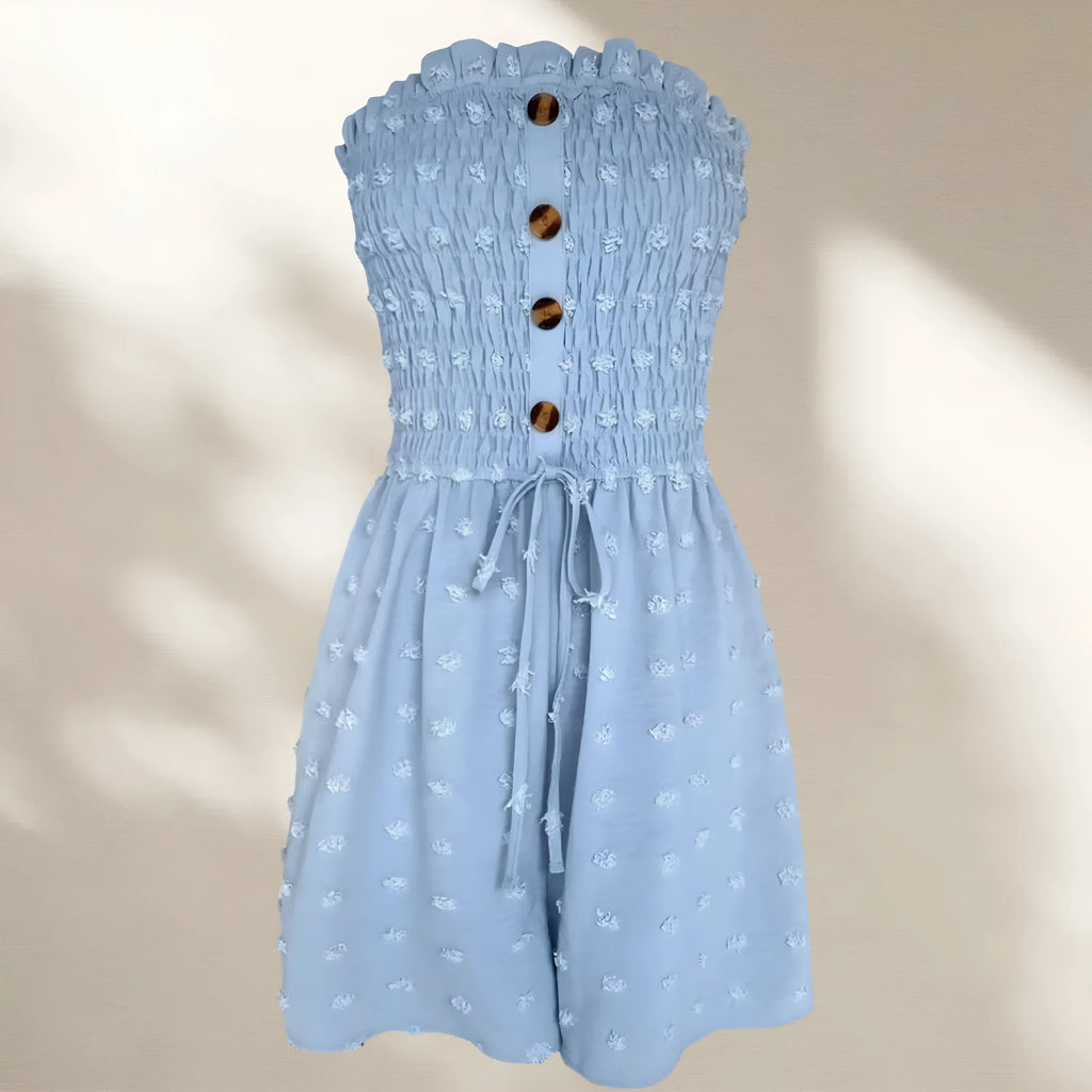 Women's blue off-shoulder jumpsuit with button detail and fifth pants length