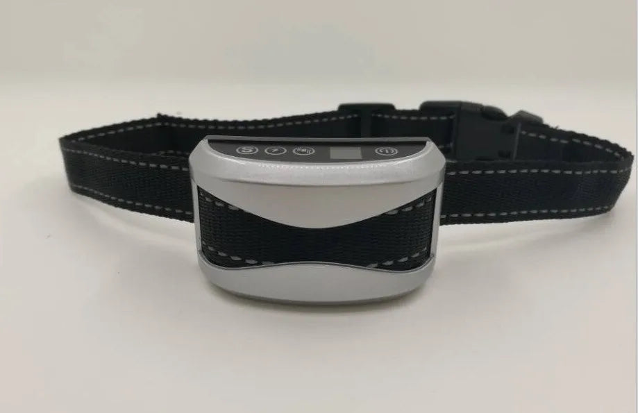 Digital anti-barking training collar with display screen on adjustable black strap for dogs