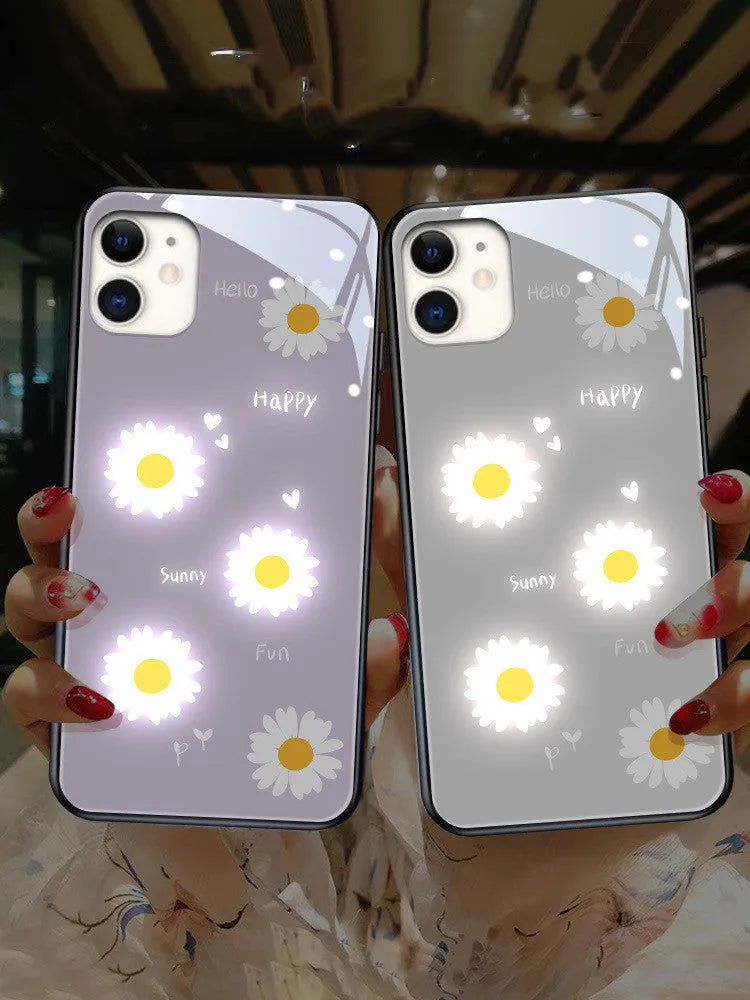 iPhone luminous phone case with painted daisy design and voice-activated colour light feature