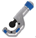 Stainless steel pipe cutter with single blade on a workbench, showing large size option for cutting copper pipes