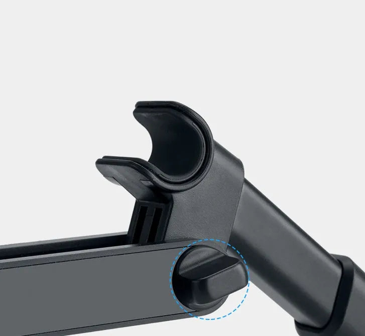 Black universal car phone holder mounted on a car rear seat base, holding a tablet for navigation