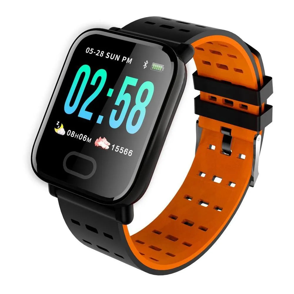A6 smart bracelet with colour screen and silicone strap showing heart rate monitoring display