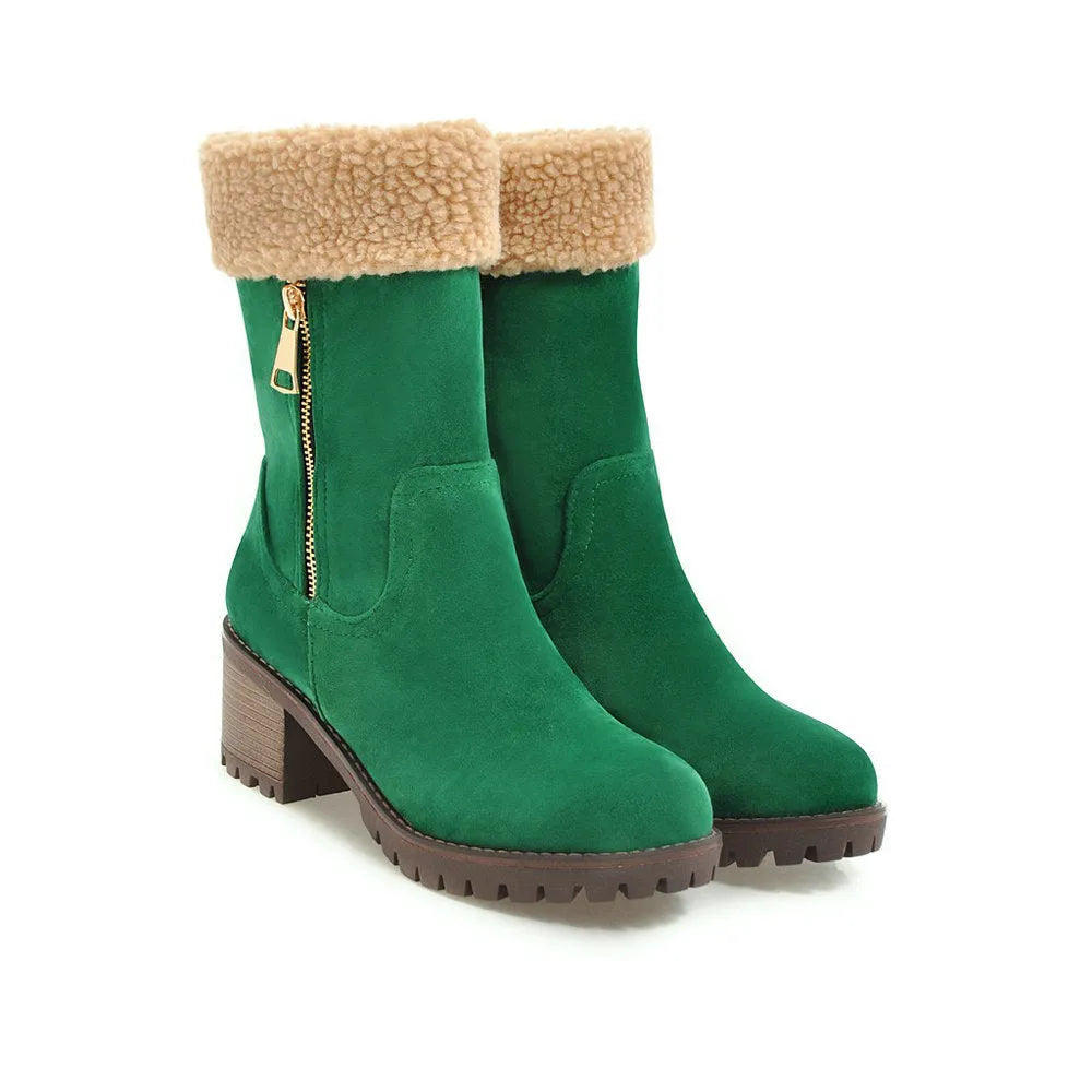 A pair of snow boots with a short plush lining and rubber insole, shown in multiple colours.