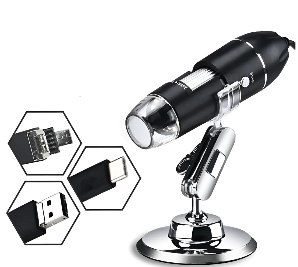 Digital microscope camera with 1000X to 1600X magnification, USB connection, and 640x480 pixel sensor