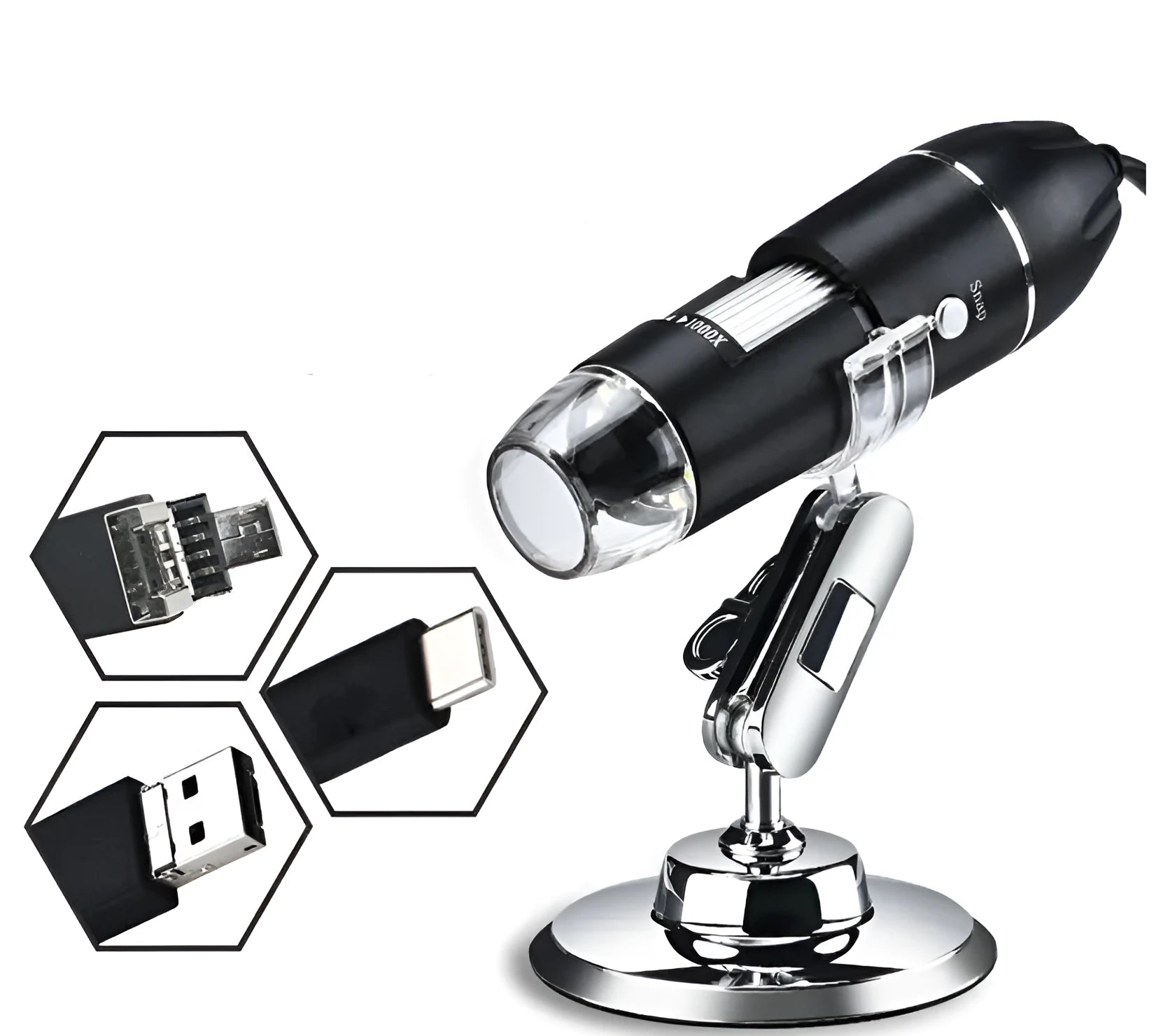 Digital microscope camera with 1000X to 1600X magnification, USB connection, and 640x480 pixel sensor