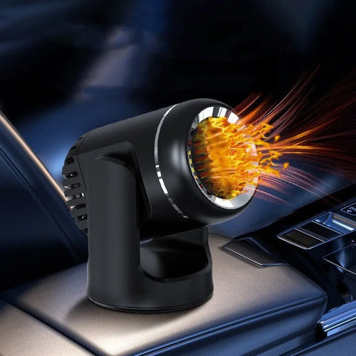 Black and white 12V car heater measuring 14x12x8cm with 1.5m power cord for defrosting and hair drying
