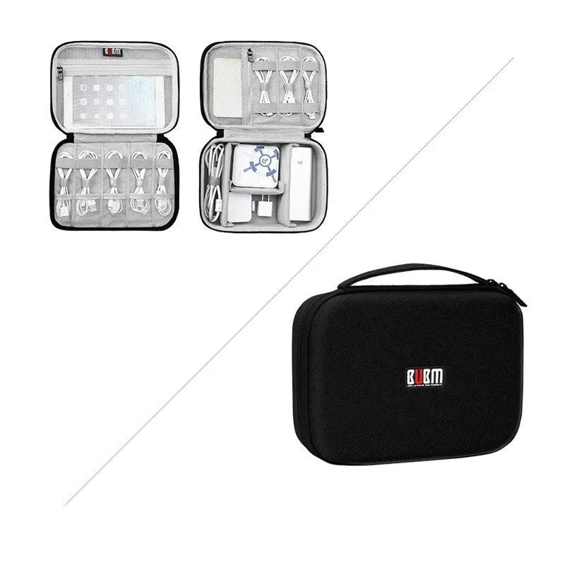 Black EVA digital storage bag with open compartment showing cable organisation