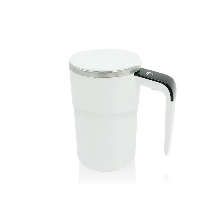 Rechargeable 380ml automatic stirring coffee mug with magnetic stirrer, temperature display, and stainless steel interior in black