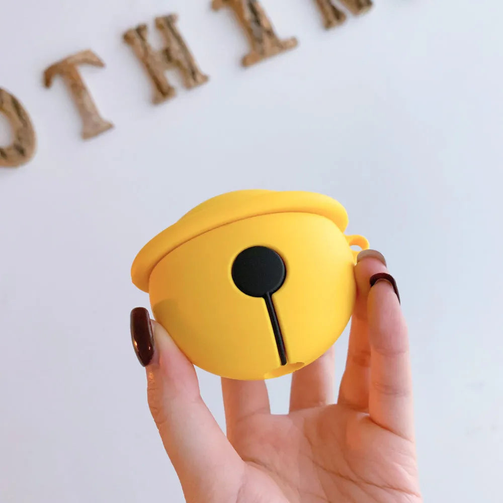 Yellow silicone protective case with small bell charm for Apple AirPods 1 and 2 charging cases