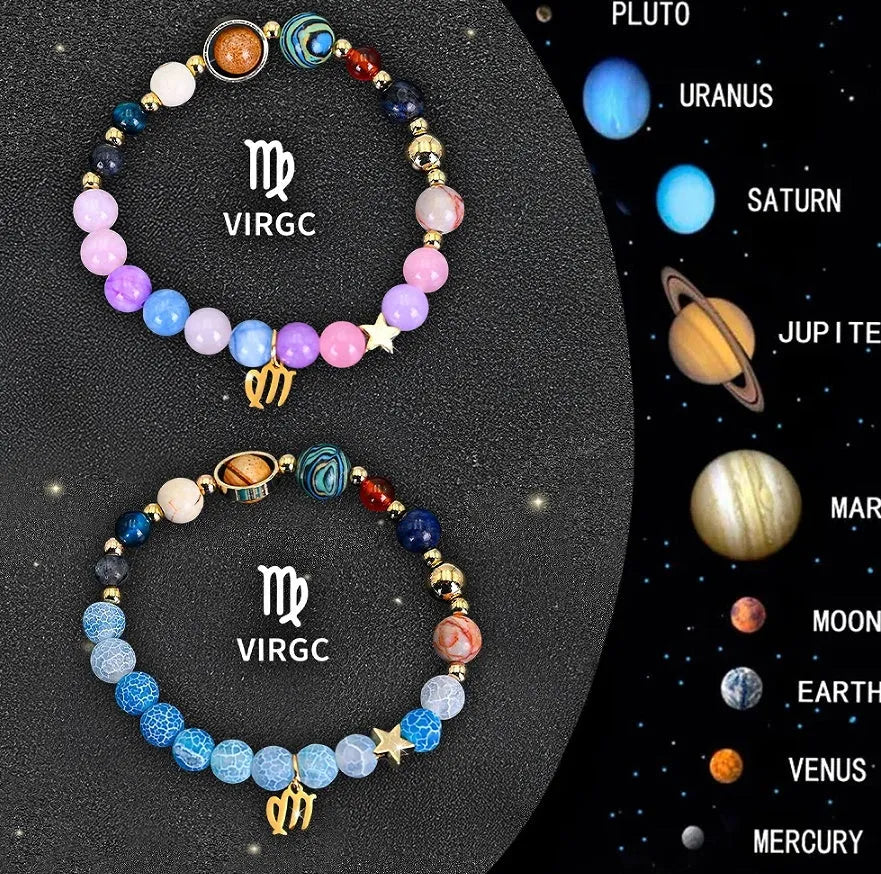 Set of two natural stone beaded bracelets with zodiac sign charms on an adjustable band