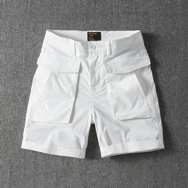 Men's straight-leg cotton cargo shorts with stretch in army green, shown with multiple pockets.