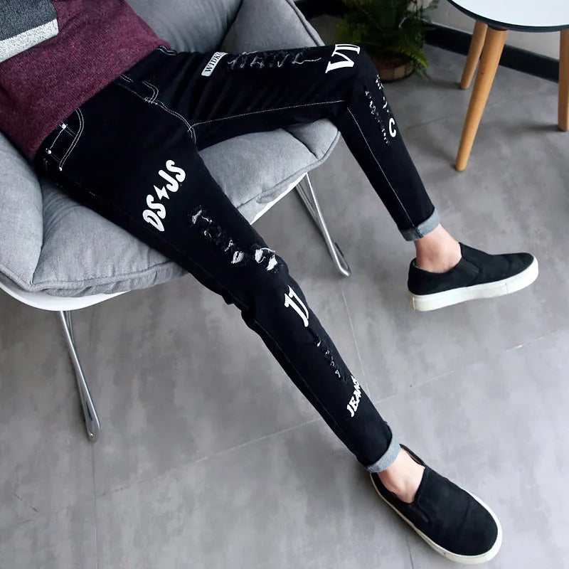 Men's autumn black ripped ankle jeans with micro elastic denim, youth-style tapered fit