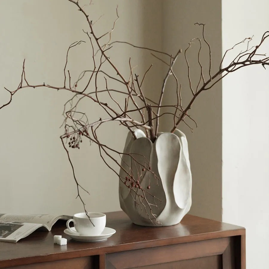 Ceramic irregular art vase for flower arrangements in low or high style magnesium clay construction