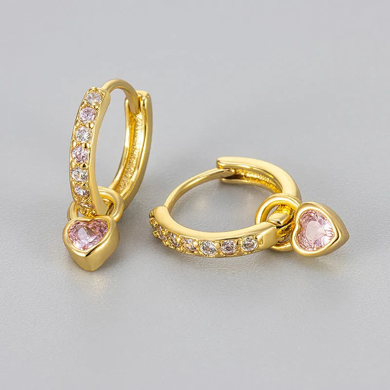 Women's heart drop earrings with coloured zircon stone in gold tone setting