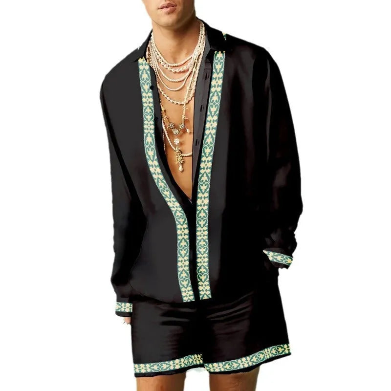 Men's slim fit polyester shirt and shorts set in a summer colour on a hanger
