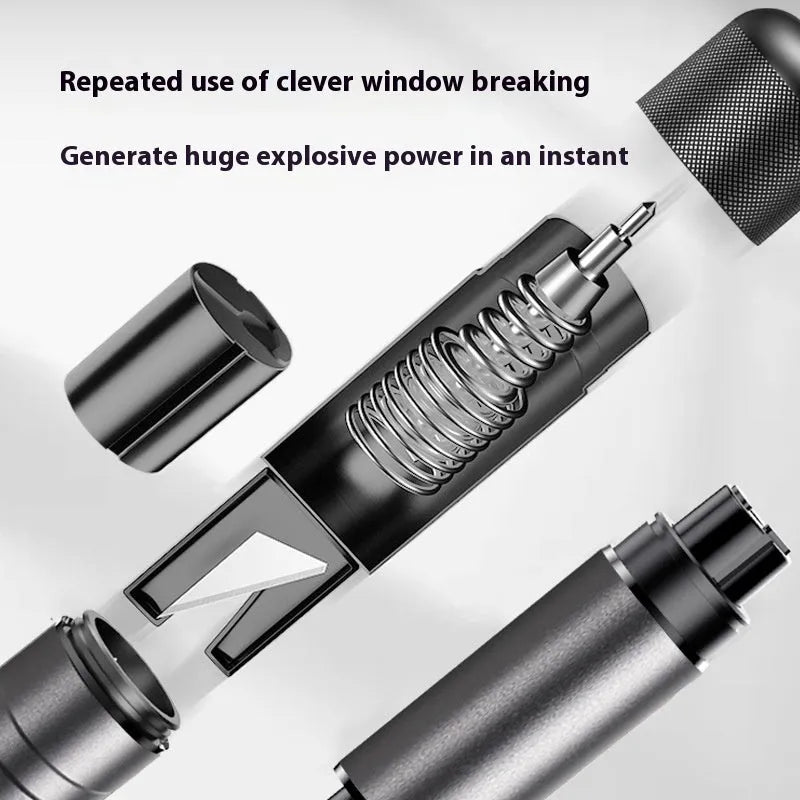 Gun grey aluminium automobile safety hammer with bearing steel impact head on a 3M rubber base next to a test glass piece.
