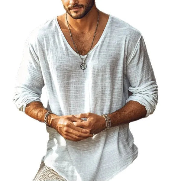 Beige V-neck long-sleeved slim fit t-shirt made from hemp blend fabric.