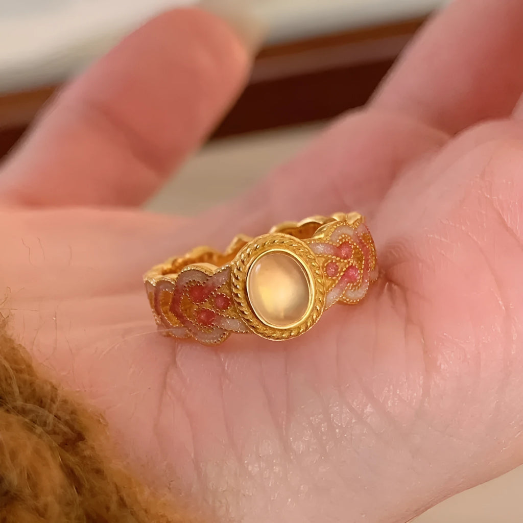 Women's geometric open mouth ring with pink crystal enamel on copper gold plating