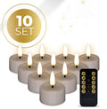 Set of four taupe-coloured LED tealight candles with a realistic 3D yellow flame effect.