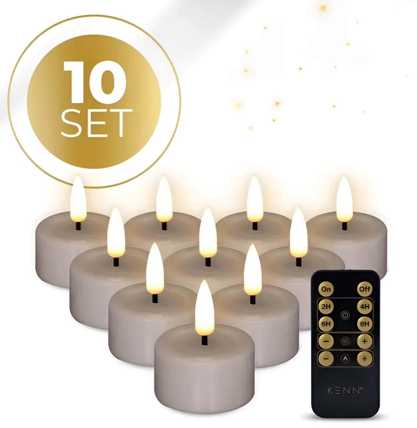 Set of four taupe-coloured LED tealight candles with a realistic 3D yellow flame effect.
