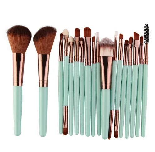 18-piece makeup brush set with fan-shaped tools in multiple styles for professional and home makeup application