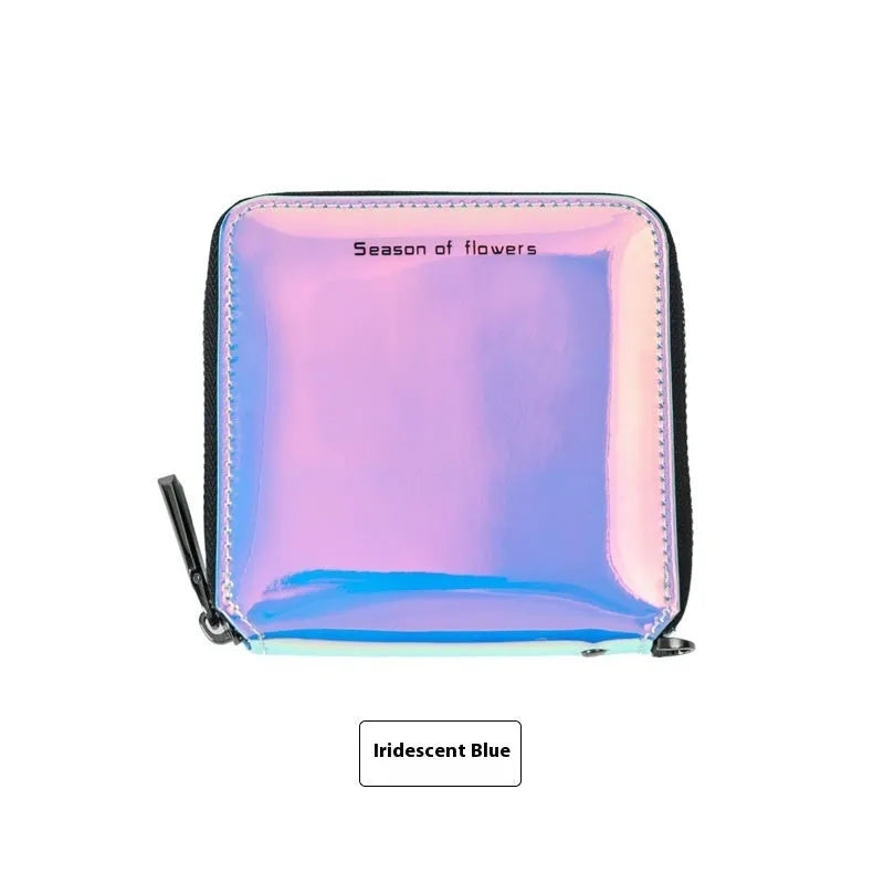 Short Korean style PU leather women's folding wallet in glitter, blue or green, showing compact 11cm size.