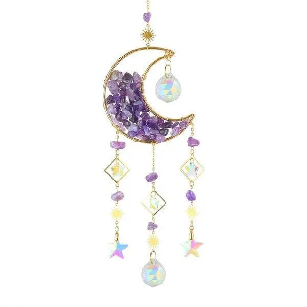 Moon-shaped K9 crystal car pendant hanging from a metal chain, available in blue, green, pink, purple, and white.