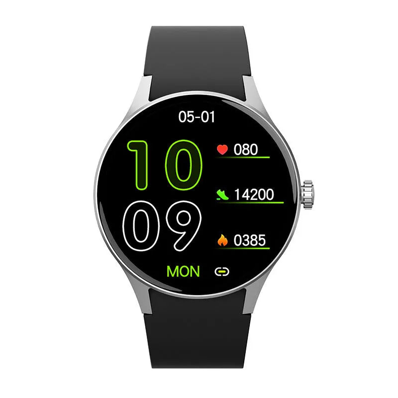 Smart watch with circular AMOLED screen showing health stats, on a black silicone wristband.