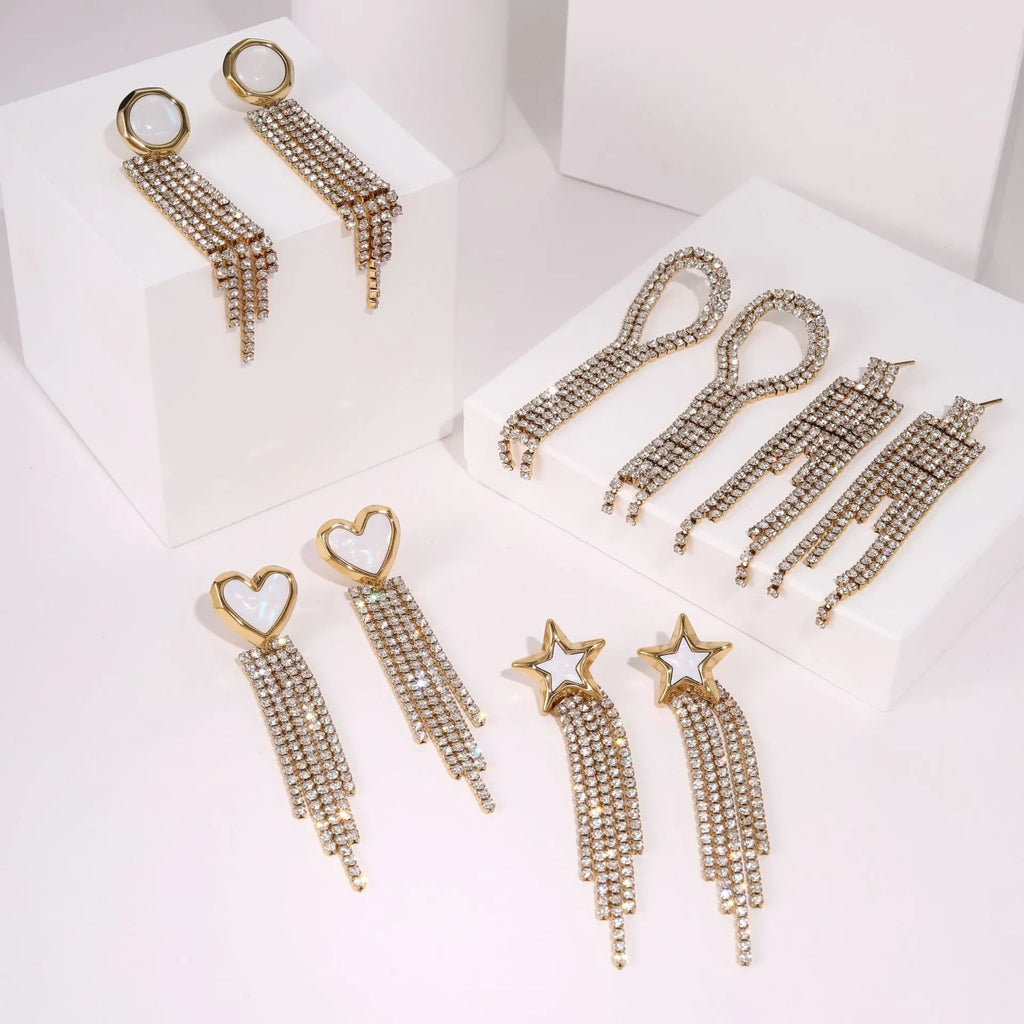 Stainless steel earrings with diamond tassel, heart and star shapes, 18K electroplated finish