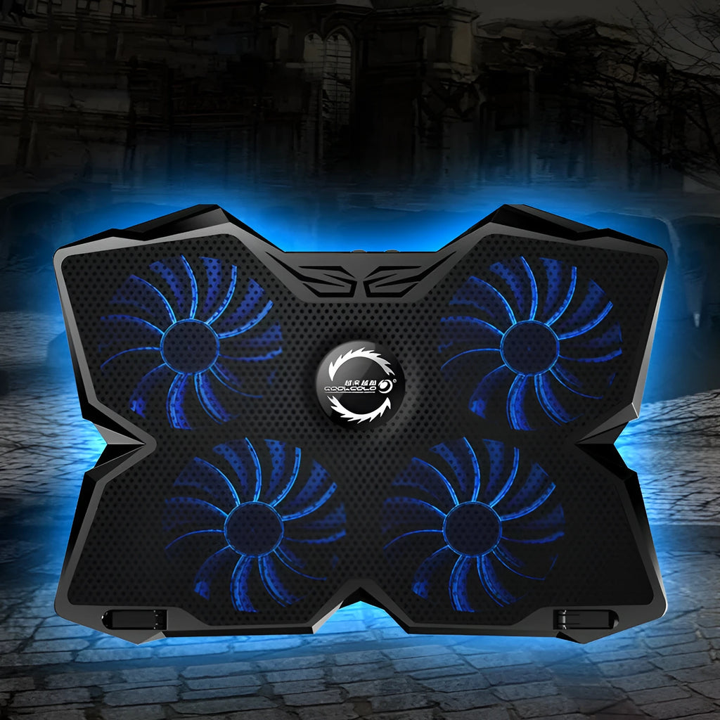 Blue laptop cooling base with four LED fans and two USB ports for computer heat dissipation