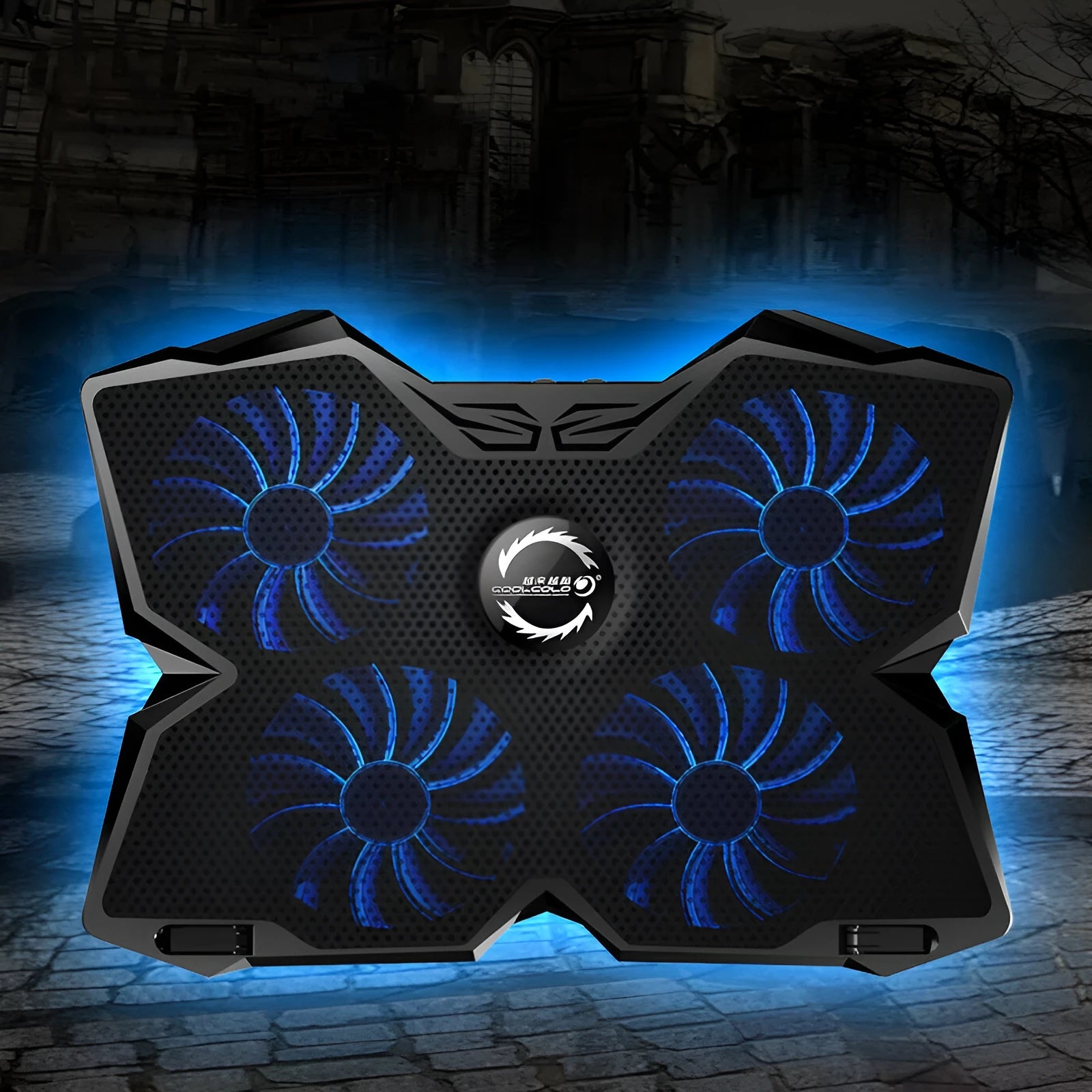 Blue laptop cooling base with four LED fans and two USB ports for computer heat dissipation