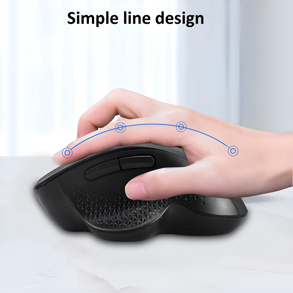 Black rechargeable wireless mouse with USB cable next to laptop showing compact 112mm size