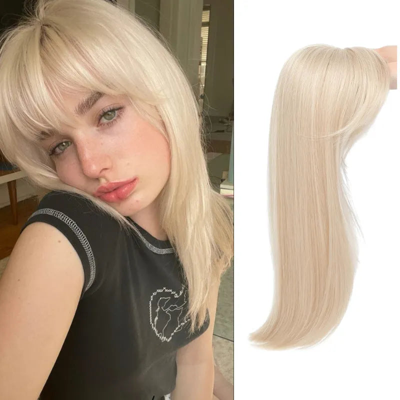 Synthetic hair clip-in wig extension with inner buckle attachment in one of six style variations.