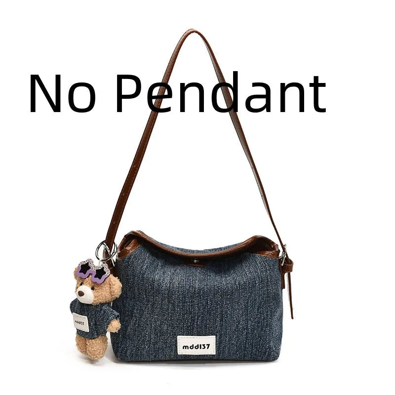 Fashion retro denim small crossbody bag in black with slit pocket and pendant