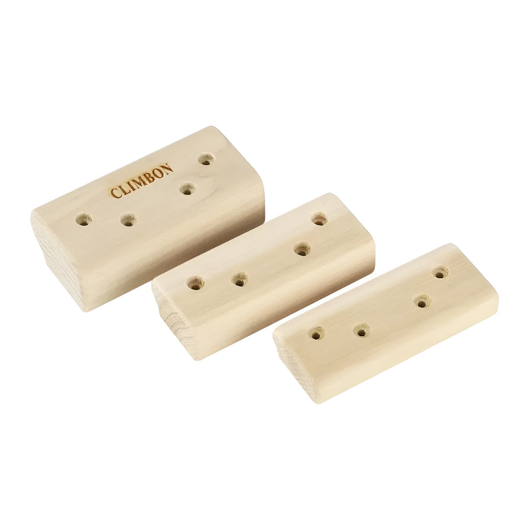 Three solid wooden fingerboards of different lengths for grip and climbing strength training.