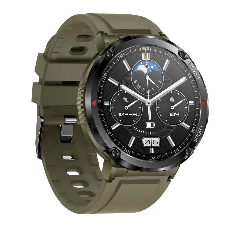 T30 smartwatch on wrist showing display, with Bluetooth calling and health monitoring features.