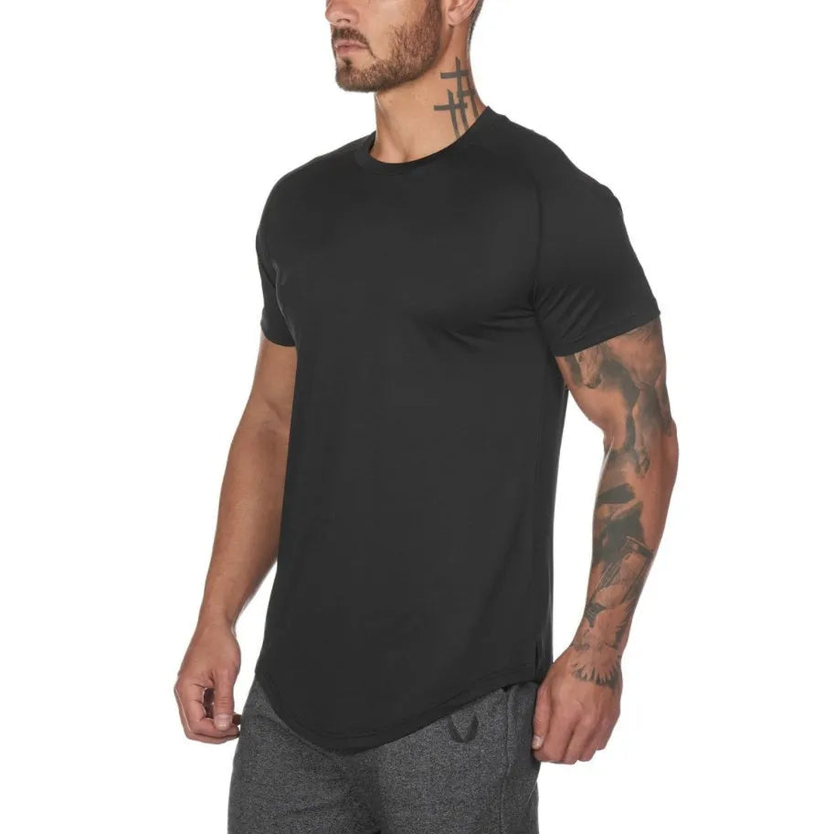 Men's plain gym shirt in cotton spandex blend shown in army green, black, and white colour options.