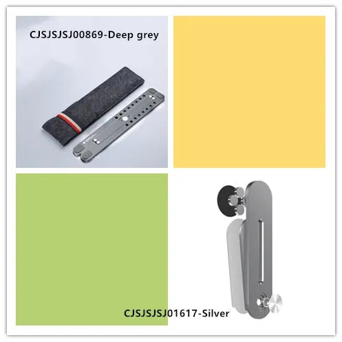 Foldable aluminum laptop stand in silver colour, shown both open in use and folded flat.