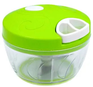 Green manual food chopper with lid open, showing three stainless steel blades inside a 500ml plastic container.