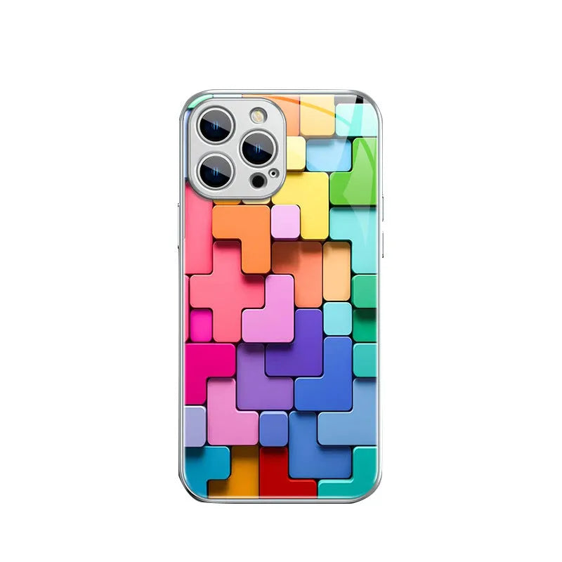 Cartoon geometric silicone phone case for iPhone models showing black, silver and pink glass colour options