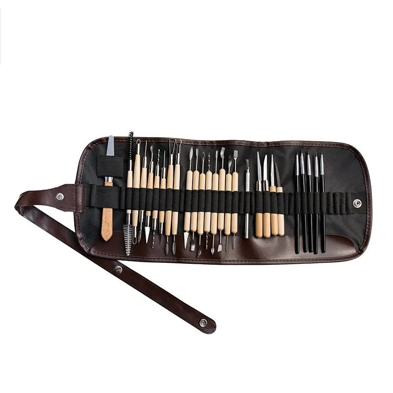 27-piece brown pottery clay tool set with stainless steel, wood and plastic tools rolled in a storage bag.