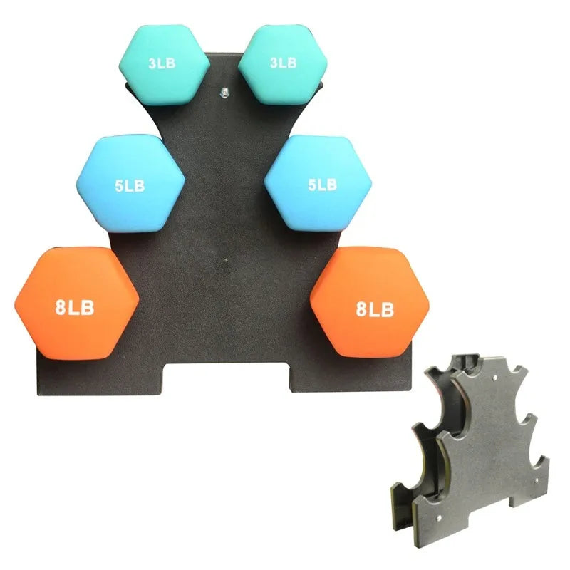 Dumbbell bracket wall mount with triangle and leaf shapes, 12x11 inches, for pairs of dumbbells up to 10 pounds.