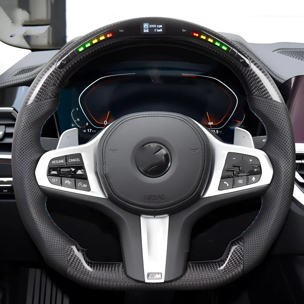 Black carbon fibre LED sports steering wheel for BMW X3 and X5 models