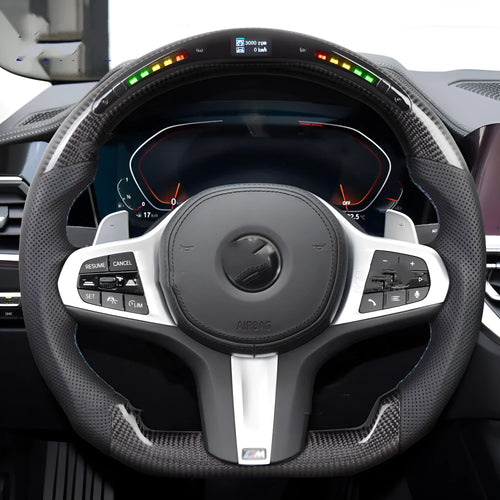 Black carbon fibre LED sports steering wheel for BMW X3 and X5 models