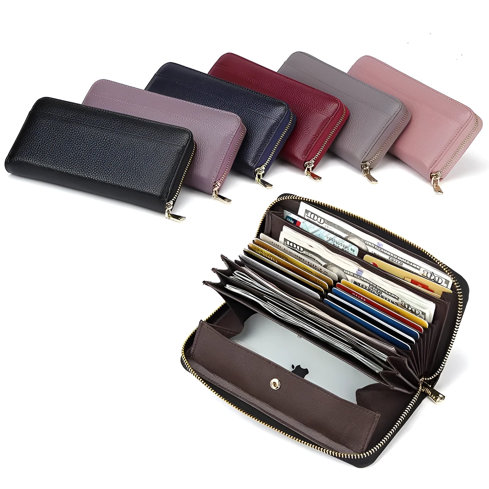 Women's long genuine leather wallet in multiple colours showing zip-around closure and anti-theft card slots.