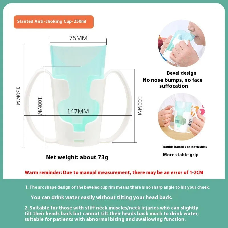 Oblique anti-choke drinking cup with handle and lid for bed use by elderly or pregnant women