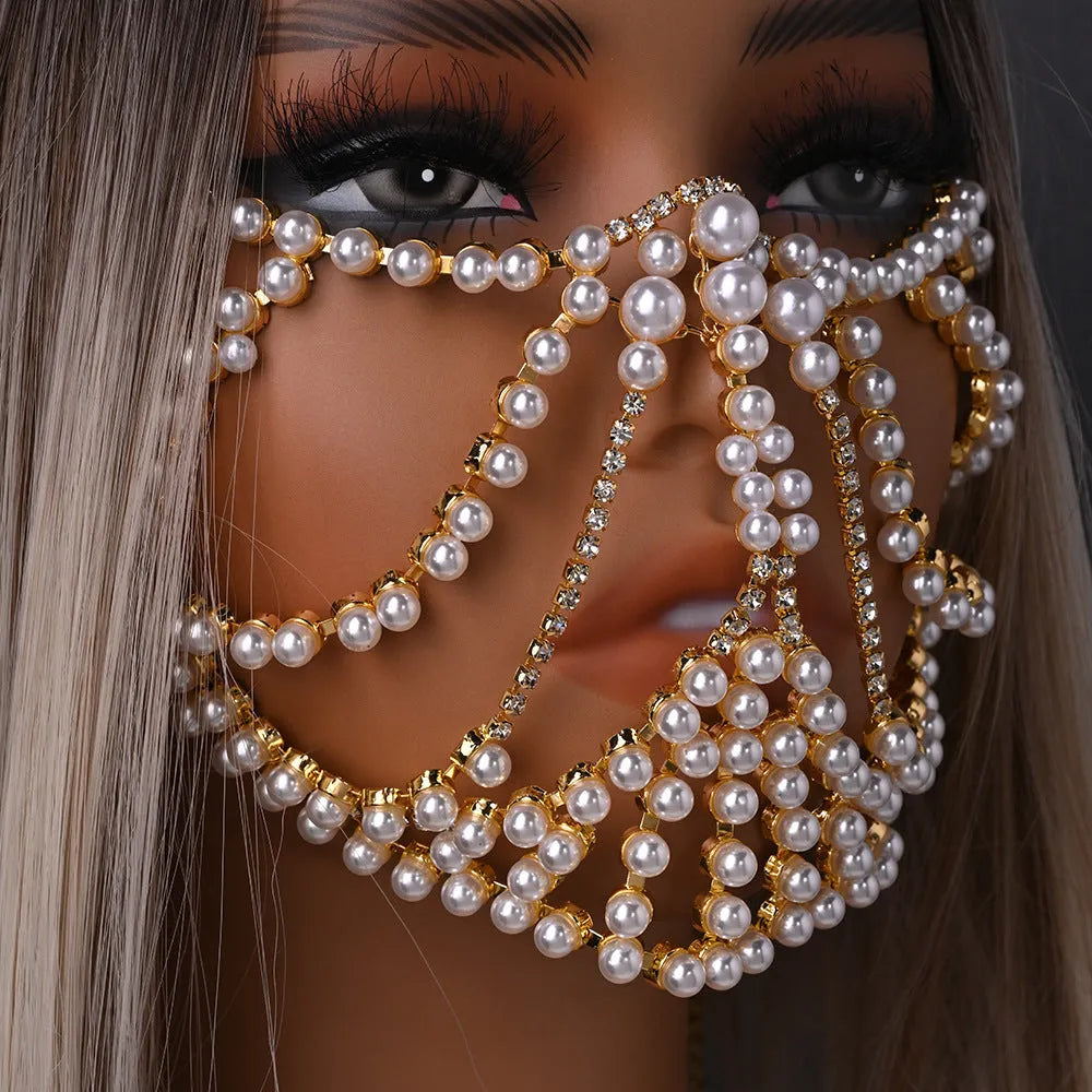 Geometric rhinestone mask with electroplated alloy and artificial gemstones in silver finish