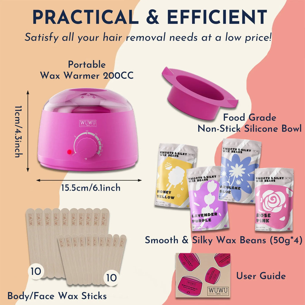 27-piece hair removal wax kit with wax heater machine, four coloured wax bead bags, and wax sticks for face and body application