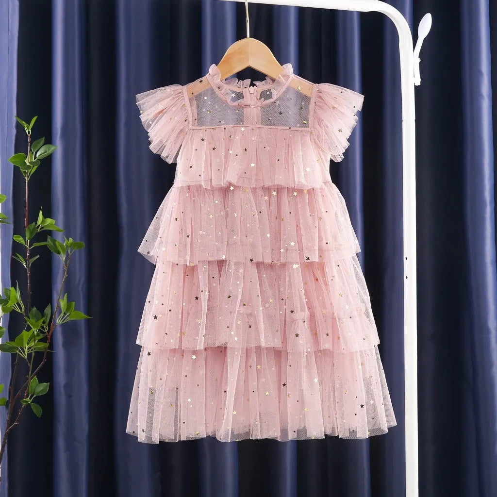 Girls' sleeveless fairy princess dress with star sequins and cake pattern, available in pink, blue, wine red, white, black and polka dot flounced sleeve, sizes 80-160cm