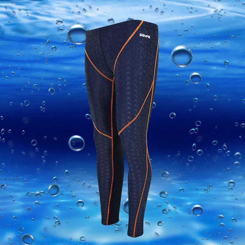 Men's black cropped nylon swimming trunks with mesh lining, shown on size chart